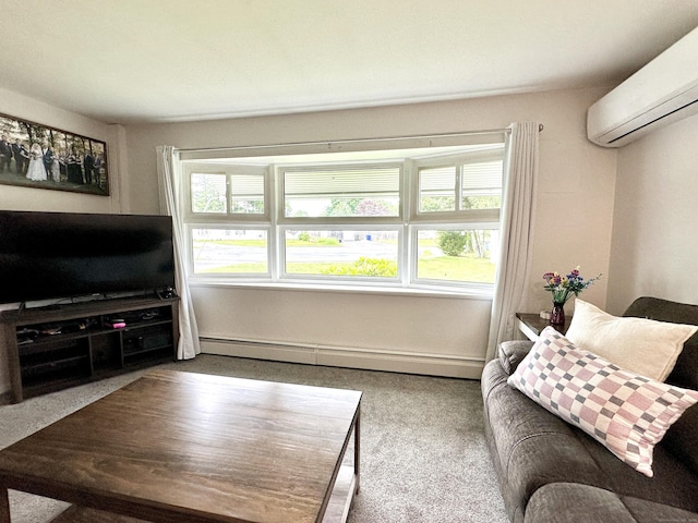11 Polk Ln, Windsor Locks, CT 06096 - living area with an AC wall unit, a baseboard radiator, and carpet flooring