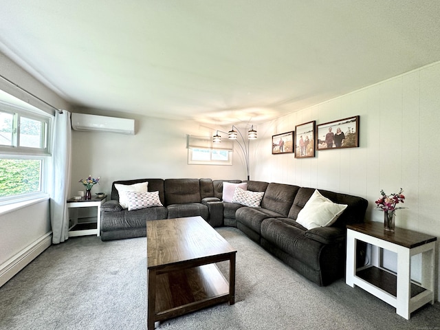 11 Polk Ln, Windsor Locks, CT 06096 - living room featuring an AC wall unit, carpet, and baseboard heating
