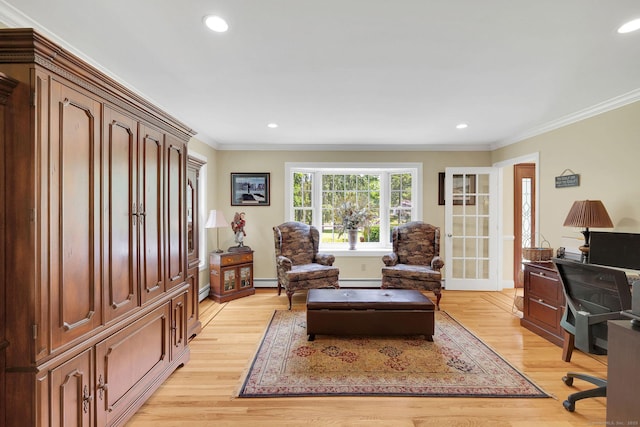 427 Long Mountain Rd, New Milford, CT 06776 - office area featuring crown molding, recessed lighting, light wood-style flooring, a baseboard heating unit, and baseboard heating