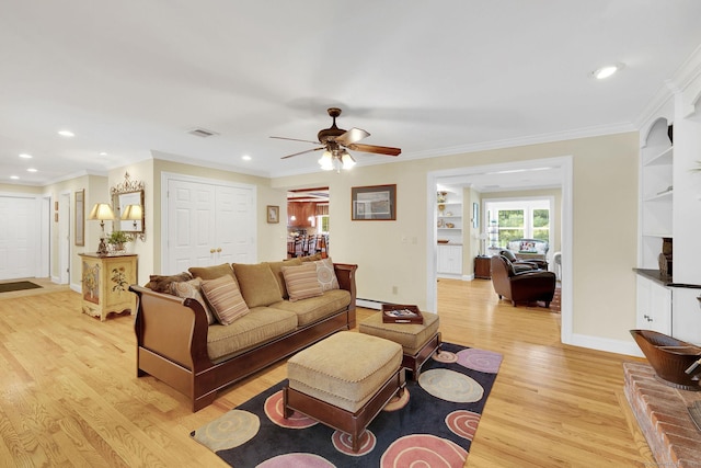 427 Long Mountain Rd, New Milford, CT 06776 - living area with light wood-type flooring, ceiling fan, recessed lighting, and crown molding