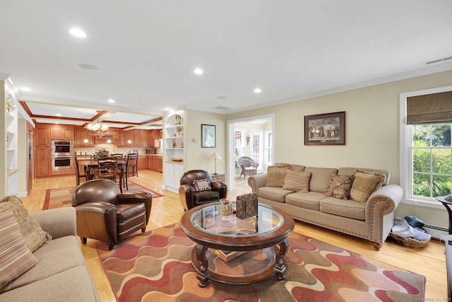 427 Long Mountain Rd, New Milford, CT 06776 - living area with ornamental molding, light wood-type flooring, recessed lighting, and a chandelier
