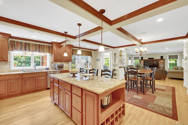 427 Long Mountain Rd, New Milford, CT 06776 - kitchen featuring dishwasher, open shelves, light wood-type flooring, ornamental molding, and decorative backsplash