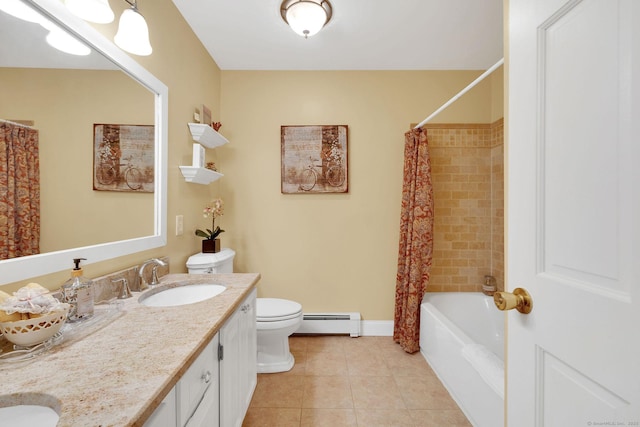427 Long Mountain Rd, New Milford, CT 06776 - bathroom featuring a baseboard heating unit, double vanity, tile patterned floors, and shower / bath combo