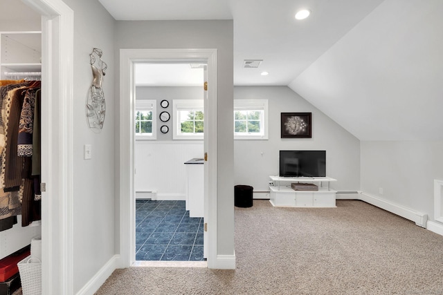 427 Long Mountain Rd, New Milford, CT 06776 - carpeted living room featuring a baseboard heating unit, healthy amount of natural light, vaulted ceiling, and recessed lighting