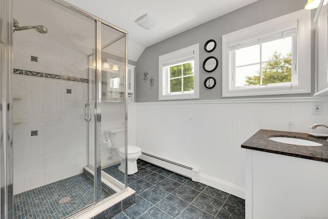 427 Long Mountain Rd, New Milford, CT 06776 - bathroom with a baseboard radiator, vaulted ceiling, vanity, a wainscoted wall, and a shower stall
