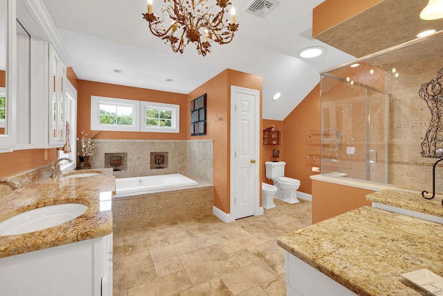 427 Long Mountain Rd, New Milford, CT 06776 - full bathroom featuring double vanity, a stall shower, a garden tub, a bidet, and a chandelier