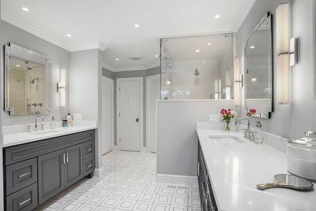 21 Oak Ridge Park, Westport, CT 06880 - full bath featuring two vanities, a shower stall, ornamental molding, and recessed lighting