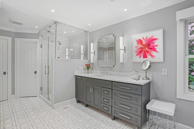 21 Oak Ridge Park, Westport, CT 06880 - full bath featuring tile patterned floors, vanity, a shower stall, crown molding, and recessed lighting