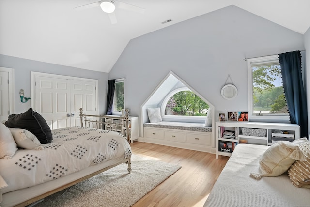 21 Oak Ridge Park, Westport, CT 06880 - bedroom featuring vaulted ceiling, light wood-style flooring, ceiling fan, and a closet
