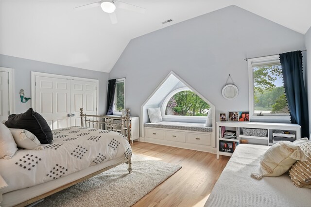 21 Oak Ridge Park, Westport, CT 06880 - bedroom featuring vaulted ceiling, light wood-style floors, ceiling fan, and a closet