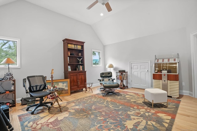 21 Oak Ridge Park, Westport, CT 06880 - sitting room with high vaulted ceiling, an office area, plenty of natural light, ceiling fan, and wood finished floors