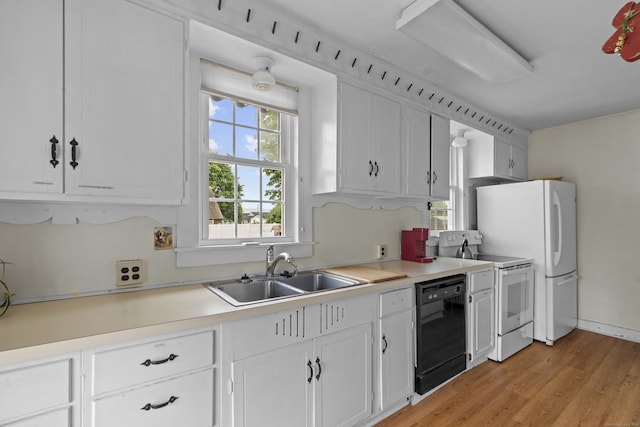 122 College St, Old Saybrook, CT 06475 - kitchen featuring white appliances, white cabinets, light wood-style flooring, and light countertops