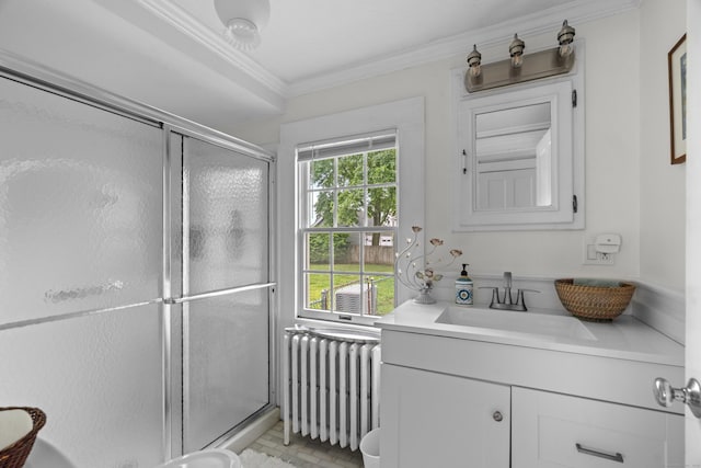 122 College St, Old Saybrook, CT 06475 - full bath featuring radiator heating unit, a shower stall, vanity, and ornamental molding