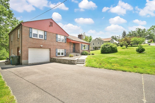 133 Savage Hill Rd, Berlin, CT 06037 - tri-level home featuring driveway, an attached garage, a front yard, brick siding, and a chimney