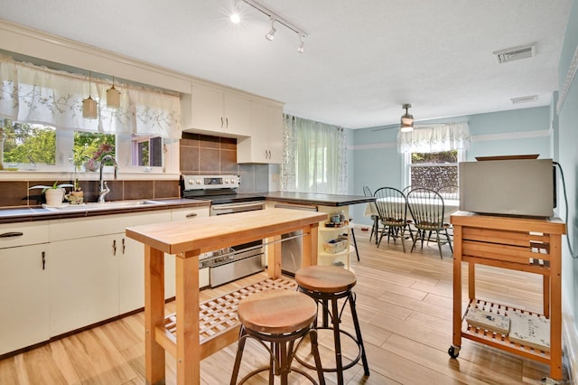 133 Savage Hill Rd, Berlin, CT 06037 - kitchen with stainless steel appliances, light wood-style flooring, decorative backsplash, and track lighting