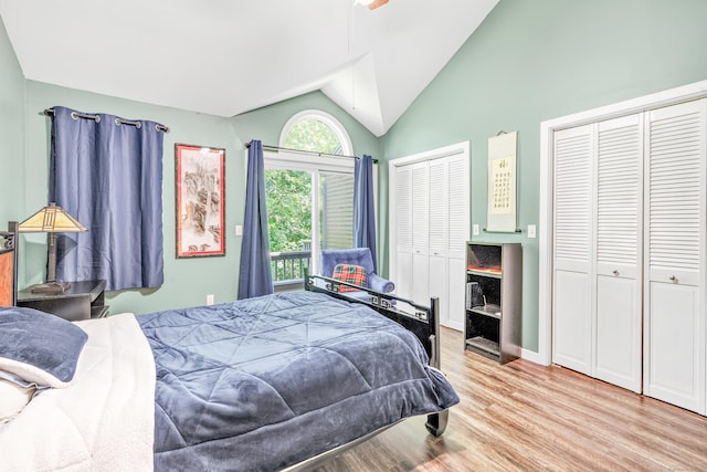 15 Perry Ave Unit D1, Norwalk, CT 06850 - bedroom with two closets, vaulted ceiling, and light wood-style flooring