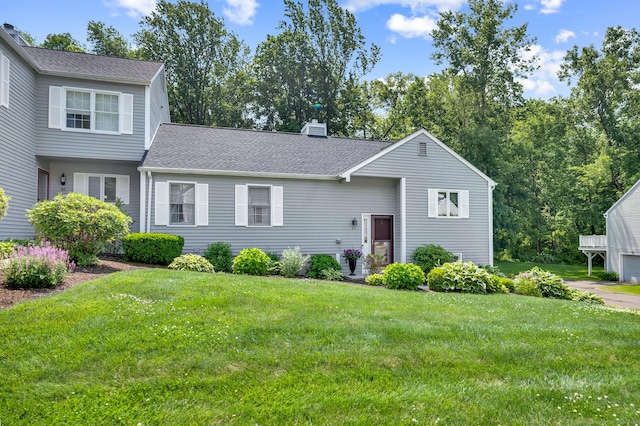 80 Quarry Village Rd, Cheshire, CT 06410 - view of front of house with a front lawn, a chimney, and roof with shingles