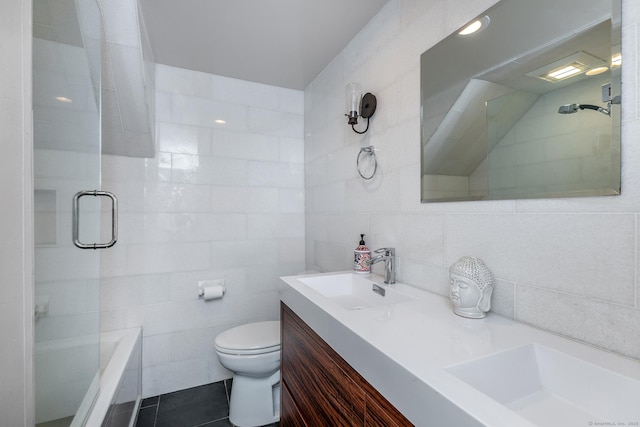 173 Bch Hill Rd E, Bridgewater, CT 06752 - bathroom with tile walls, double vanity, and tile patterned floors