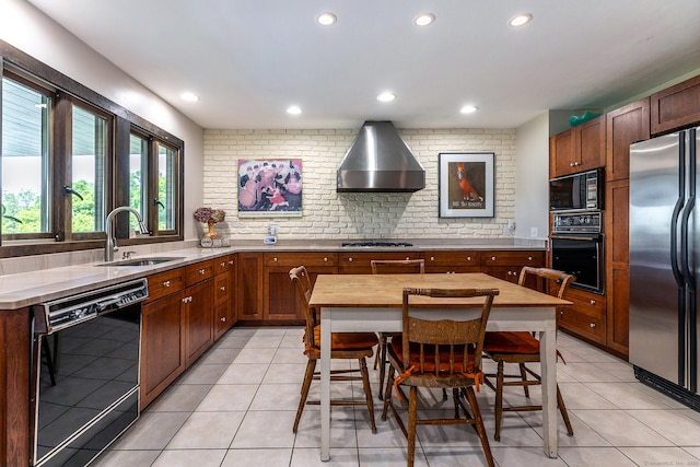 kitchen featuring black appliances, ventilation hood, decorative backsplash, recessed lighting, and light tile patterned floors