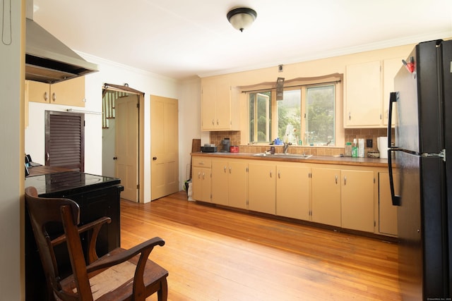 182 Church St, North Canaan, CT 06018 - kitchen featuring freestanding refrigerator, a sink, wall chimney exhaust hood, tasteful backsplash, and crown molding