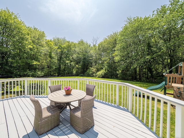 1 Blue Ridge Ln, Wilton, CT 06897 - wooden terrace with a yard, a playground, and outdoor dining area
