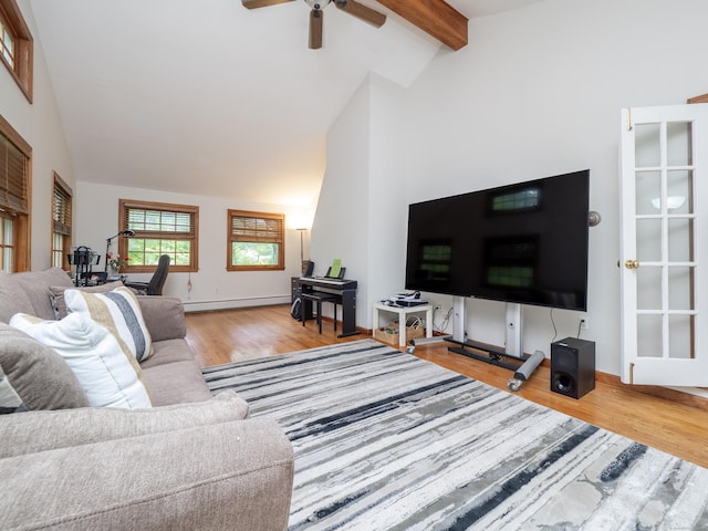 1 Blue Ridge Ln, Wilton, CT 06897 - living area with a baseboard heating unit, wood finished floors, beamed ceiling, a ceiling fan, and high vaulted ceiling