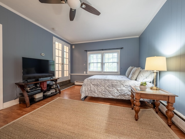 1 Blue Ridge Ln, Wilton, CT 06897 - bedroom with wood finished floors, ornamental molding, baseboard heating, and a ceiling fan