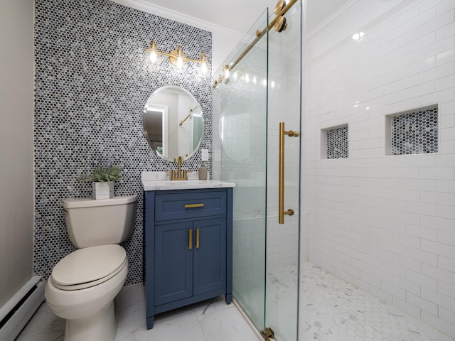 1 Blue Ridge Ln, Wilton, CT 06897 - full bath featuring baseboard heating, crown molding, marble look tiles, a stall shower, and vanity