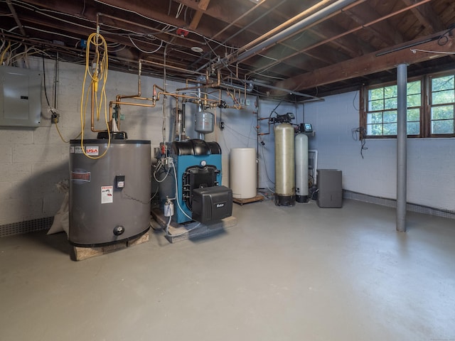 1 Blue Ridge Ln, Wilton, CT 06897 - basement with water heater, electric panel, a heating unit, and a water softener system