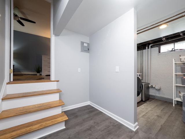 1 Blue Ridge Ln, Wilton, CT 06897 - stairway featuring a baseboard radiator, a ceiling fan, and wood finished floors