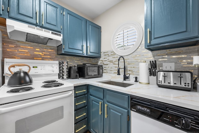 2122 Old Pond Ln Unit 2122, Norwich, CT 06360 - kitchen featuring electric range, under cabinet range hood, dishwashing machine, blue cabinets, and backsplash