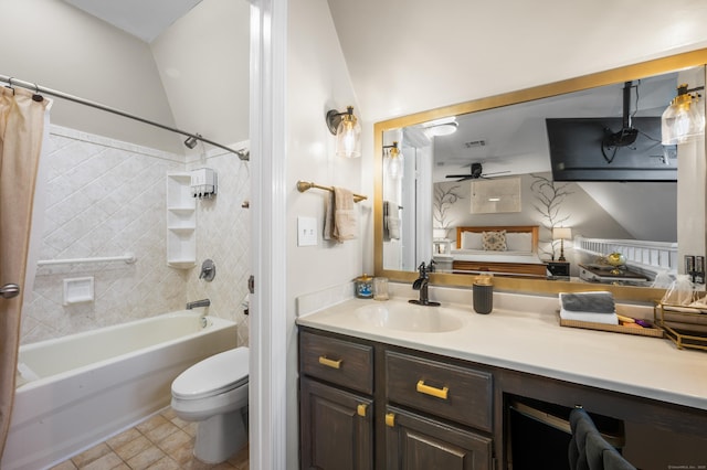 2122 Old Pond Ln Unit 2122, Norwich, CT 06360 - bathroom with shower / bathtub combination with curtain, vanity, lofted ceiling, and ceiling fan