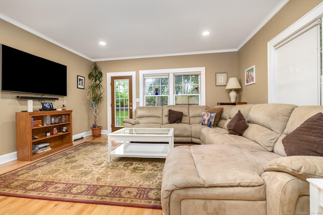 116 Knapp St, Stamford, CT 06907 - living room with wood finished floors, crown molding, and recessed lighting