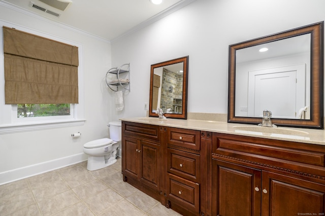 116 Knapp St, Stamford, CT 06907 - full bathroom featuring double vanity, ornamental molding, a shower, tile patterned floors, and recessed lighting