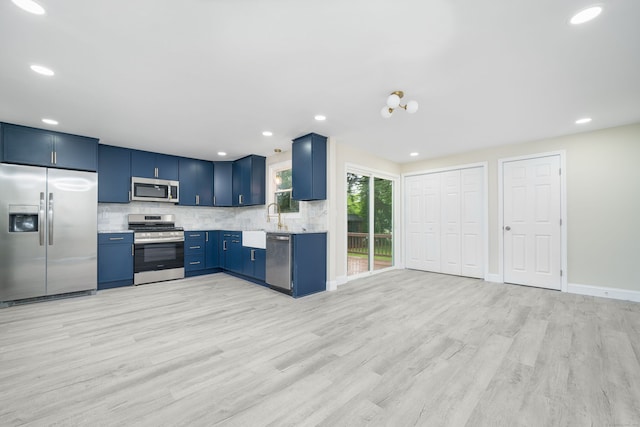690 Bloomfield Ave, Windsor, CT 06095 - kitchen with stainless steel appliances, blue cabinets, light countertops, decorative backsplash, and light wood-style flooring