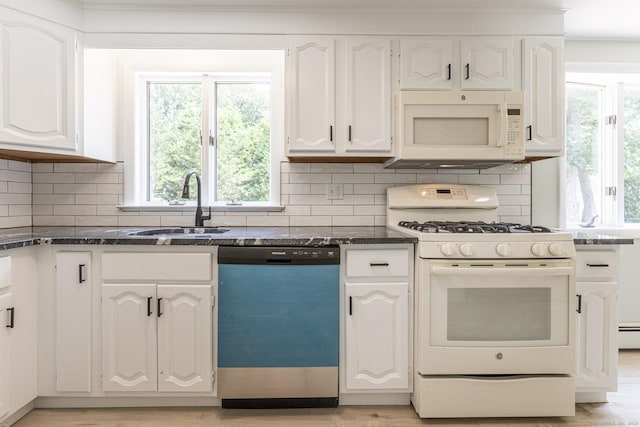 20 Sharon Dr, South Windsor, CT 06074 - kitchen with white appliances, white cabinets, backsplash, dark stone counters, and crown molding