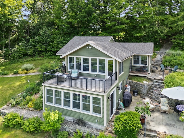 271 Haywardville Rd, East Haddam, CT 06415 - back of house with a patio, roof with shingles, a balcony, and stairs