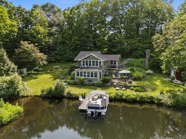 271 Haywardville Rd, East Haddam, CT 06415 - back of property with boat lift, a water view, a yard, and a balcony