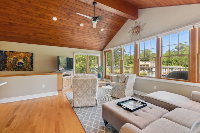 271 Haywardville Rd, East Haddam, CT 06415 - living room with light wood-style floors, a wooden ceiling with exposed beams, high vaulted ceiling, recessed lighting, and ceiling fan