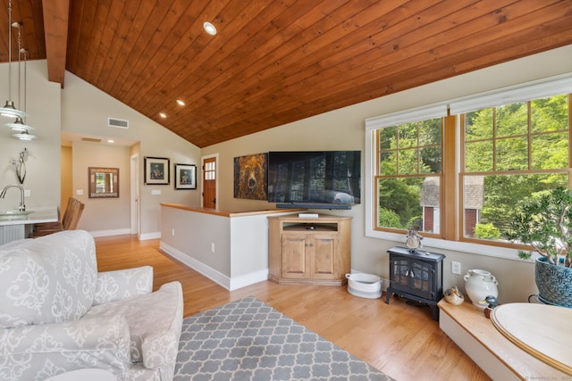 271 Haywardville Rd, East Haddam, CT 06415 - living area with a wood stove, light wood-style flooring, recessed lighting, and wooden ceiling