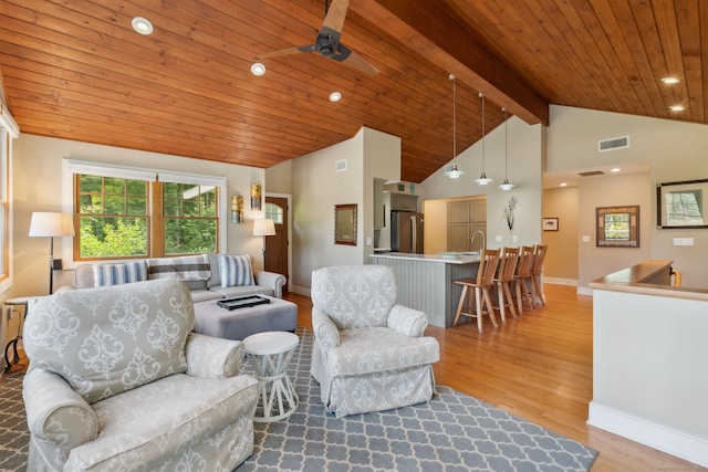 271 Haywardville Rd, East Haddam, CT 06415 - living area with light wood-style flooring, a wood ceiling with exposed beams, ceiling fan, high vaulted ceiling, and recessed lighting