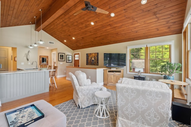 271 Haywardville Rd, East Haddam, CT 06415 - living area with wood finished floors, ceiling fan, a wooden ceiling with exposed beams, and high vaulted ceiling