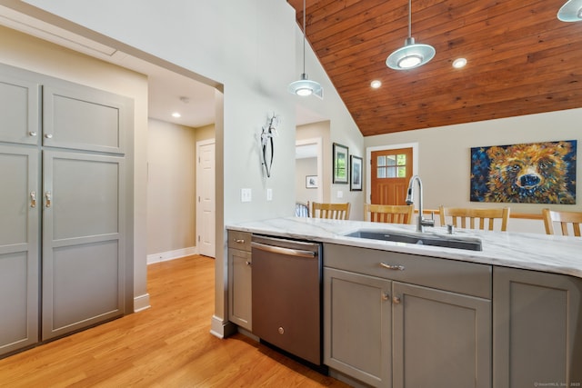 271 Haywardville Rd, East Haddam, CT 06415 - kitchen featuring dishwasher, gray cabinetry, light wood-type flooring, vaulted ceiling, and light stone counters