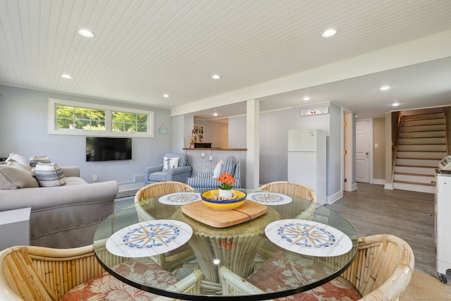 271 Haywardville Rd, East Haddam, CT 06415 - dining room with stairs, wood finished floors, recessed lighting, and wood ceiling