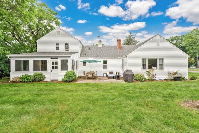 253 Gardner St, Manchester, CT 06040 - rear view of property featuring a shingled roof, a chimney, a patio, a yard, and an outdoor living space