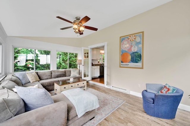 253 Gardner St, Manchester, CT 06040 - living room with light wood finished floors, healthy amount of natural light, ceiling fan, baseboard heating, and vaulted ceiling