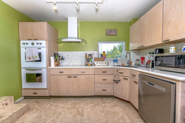 272 Saint John St, New Haven, CT 06511 - kitchen with light brown cabinets, wall chimney range hood, appliances with stainless steel finishes, light countertops, and backsplash