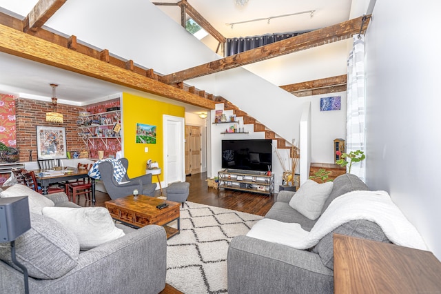 272 Saint John St, New Haven, CT 06511 - living room featuring wood finished floors, beamed ceiling, and a high ceiling
