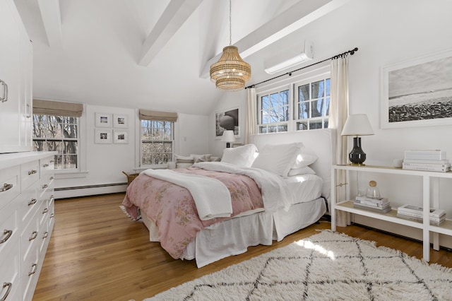 634 Nod Hill Rd, Wilton, CT 06897 - bedroom with baseboard heating, a chandelier, and wood finished floors