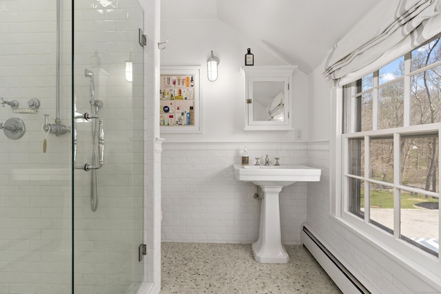 634 Nod Hill Rd, Wilton, CT 06897 - full bath with a stall shower, a wainscoted wall, a baseboard radiator, speckled floor, and lofted ceiling